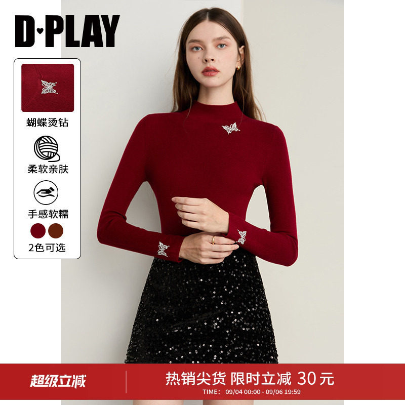 DPLAY冬季新款红色针织衫女蝴蝶高级修身时尚气质小衫上衣