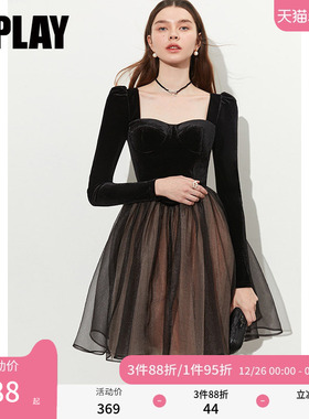 DPLAY冬季赫本风蓬蓬裙丝绒连衣裙公主裙黑色礼服裙连衣裙女