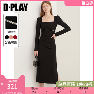 DPLAY新法式 黑捏褶侧开衩闪钻连衣裙轻礼服小黑裙 赫本风经典