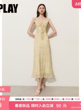 DPLAY黄色印花拼接荷叶边系带法式度假连衣裙2026年夏季新款女