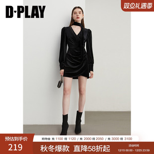 DPLAY2025年秋季 复古黑色连衣裙女V领丝绒千金风收腰中长裙 法式
