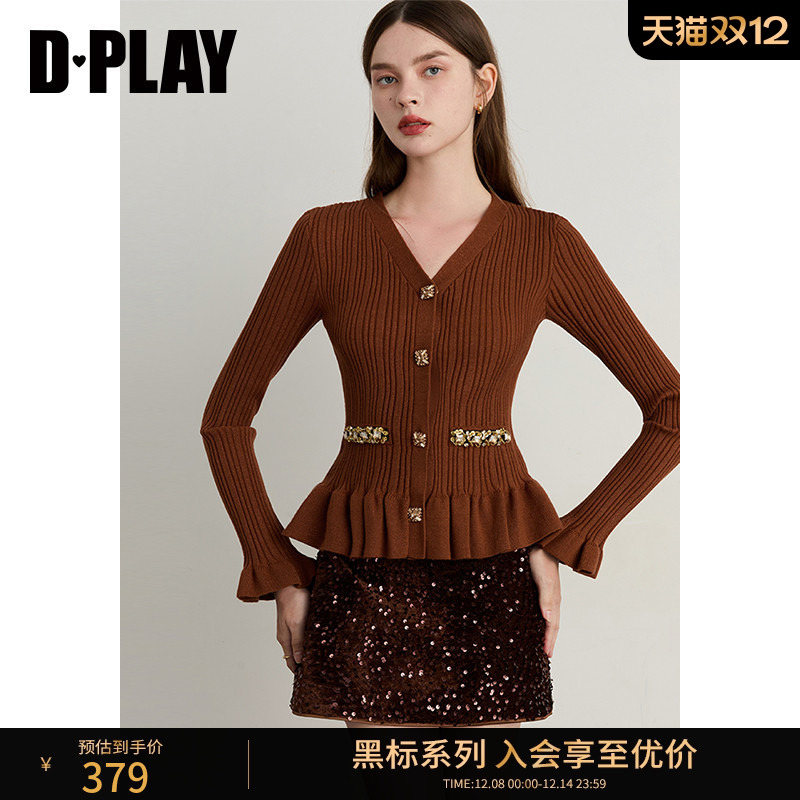 DPLAY【黑标】2025冬季新款焦糖色针织衫女含羊毛修身气质上衣
