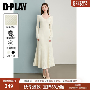 DPLAY2026年春季新款白色长袖羊毛针织打底连衣裙气质修身长裙女