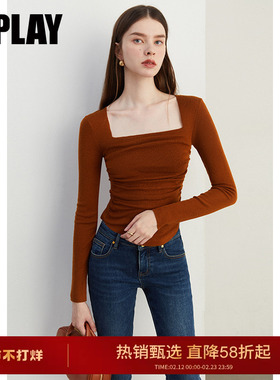 DPLAY2025秋季新款气质方领复古红色T恤女羊毛针织衫上衣长袖
