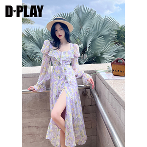 DPLAY气质海边度假沙滩裙紫色连衣裙女长裙荷叶边长款裙子长袖