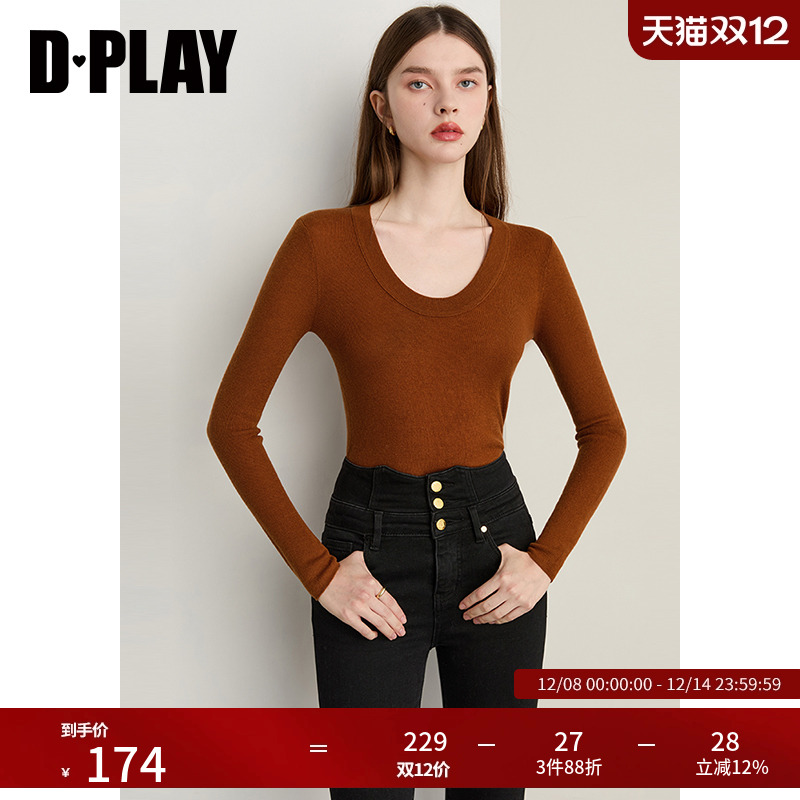 DPLAY2025年秋季新款棕色100羊毛圆领针织衫修身打底衫上衣女
