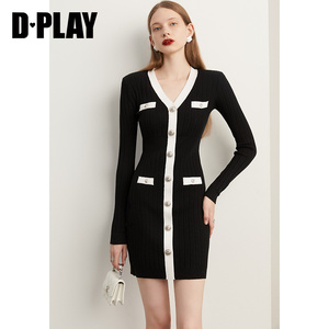 DPLAY秋装新款法式优雅V领定制金属纽扣装饰修身针织连衣裙