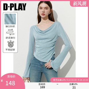 修身 DPLAY2025年秋季 新款 藍色t恤女法式 蕩領氣質上衣長袖