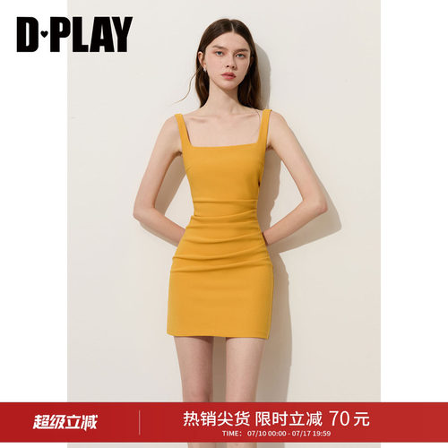 DPLAY黄色女方领修身收腰连衣裙气质时尚短裙女2026夏季新款裙子