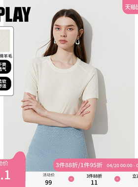 DPLAY【惠品】夏季新款白色t恤女短袖圆领修身莱赛尔上衣