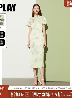 DPLAY夏季新中式绿色印花短袖缎面国风改良旗袍连衣裙女裙子