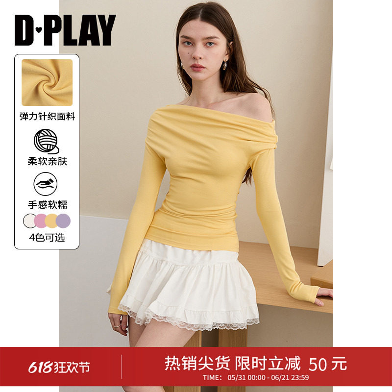 DPLAY黄色斜肩露肩长袖T恤2026年春季新款日常修身打底衫上衣女