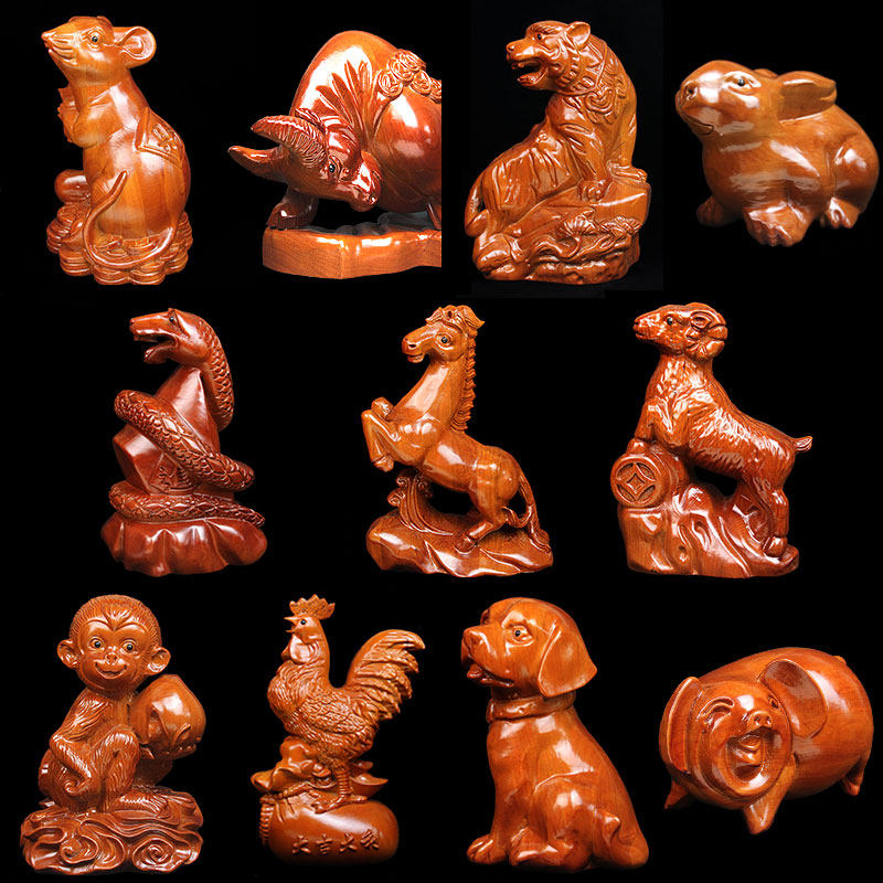 桃木十二生肖摆件木雕属相鼠牛虎兔蛇马羊猴鸡狗猪家居工艺品大号