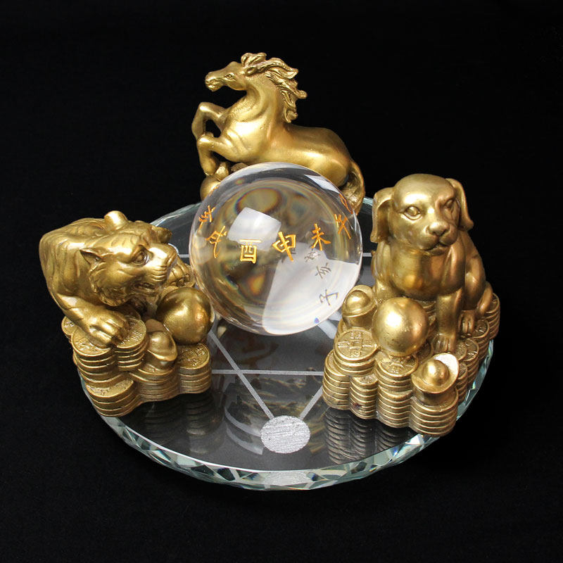 泰山福缘阁 新品 三合水晶球摆件虎马狗兔猪羊牛蛇鸡家居饰品
