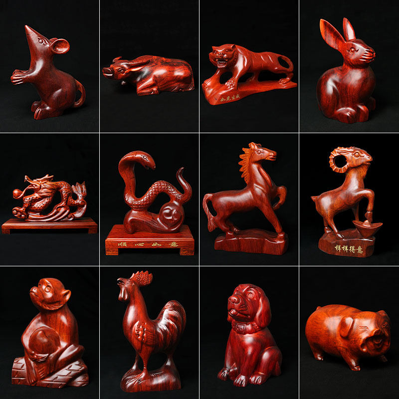木雕十二生肖摆件家居装饰商务送礼鼠牛虎兔龙蛇马羊猴鸡狗猪饰品