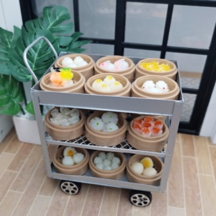 迷你玩具微缩食玩娃娃屋过家家大排档餐车酒楼早餐手推车模型蒸笼