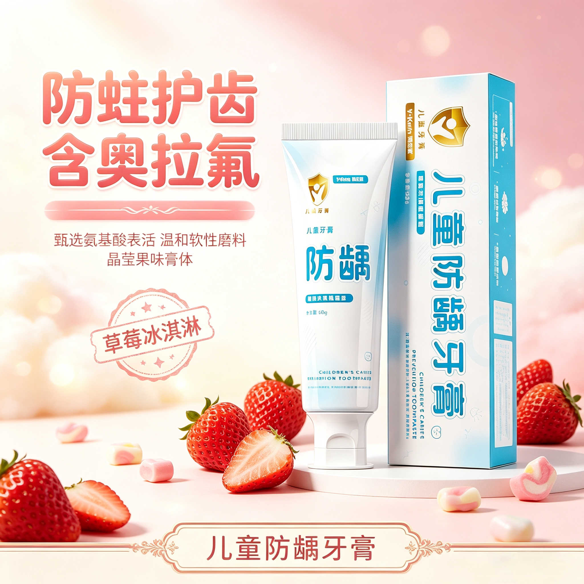 儿童防龋牙膏草莓味含氟防蛀护齿含奥拉氟牙缝清洁草莓冰淇淋味