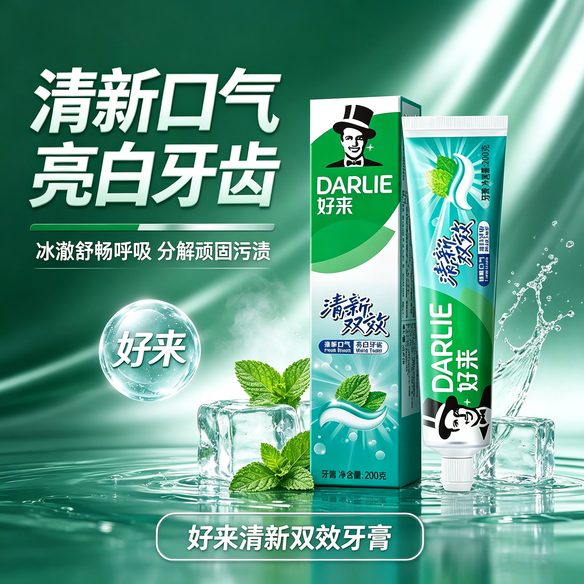 好来清新双效牙膏200g含氟双效薄荷味成人亮白牙齿清口气去异味臭