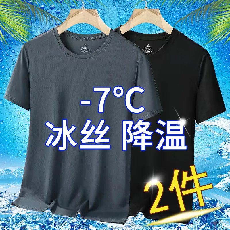 冰丝男士速干短袖t恤男款2025新款夏季薄款黑色白色半袖体恤上衣