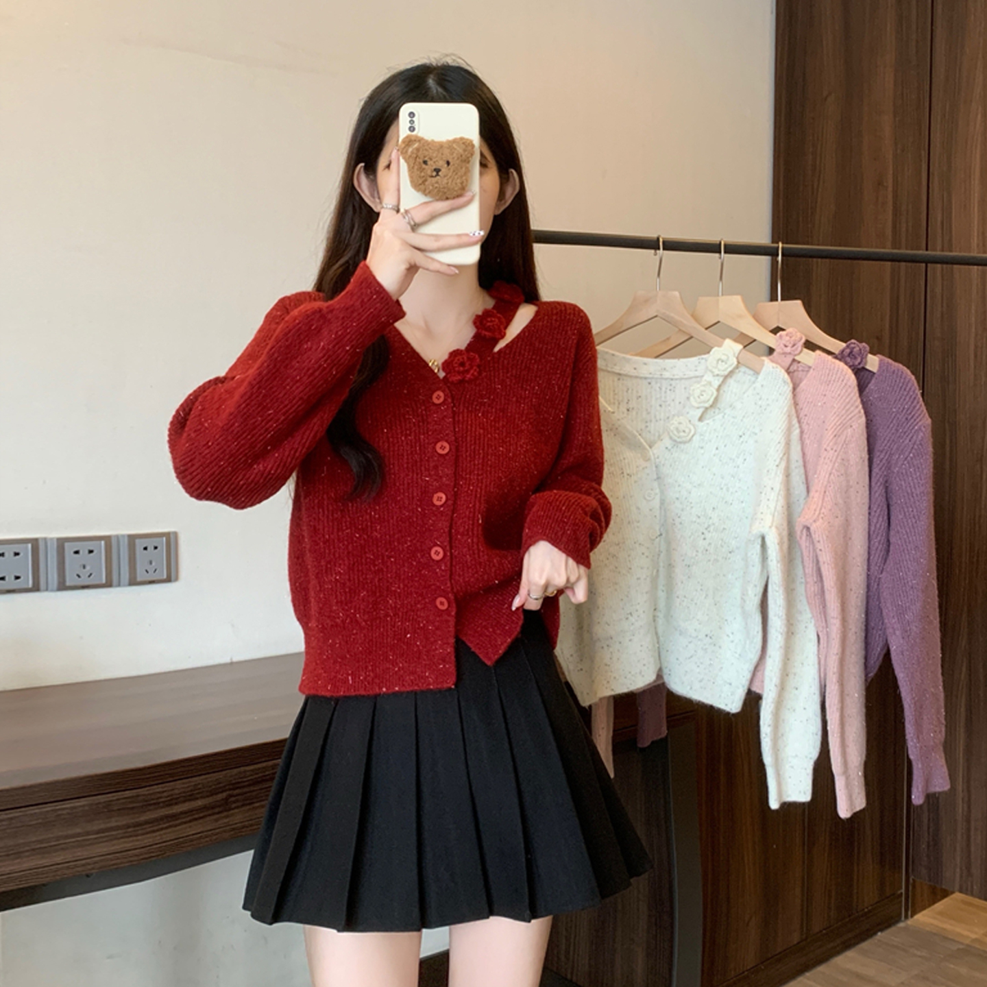 小个子红色针织毛衣半身裙套装女秋冬时尚上衣打底裙子两件套洋气