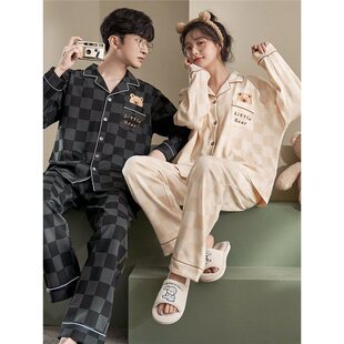 美梦正品情侣睡衣纯棉春秋季开衫长袖大码家居服一男一女两件套装