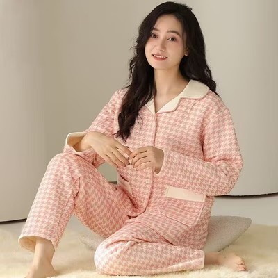美梦纯棉夹层空气棉睡衣女秋冬款纯棉长袖宽松大码加厚家居服套装