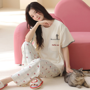 睡衣女夏季新款短袖长裤纯棉卡通宽松圆领带胸垫家居服套装可外穿