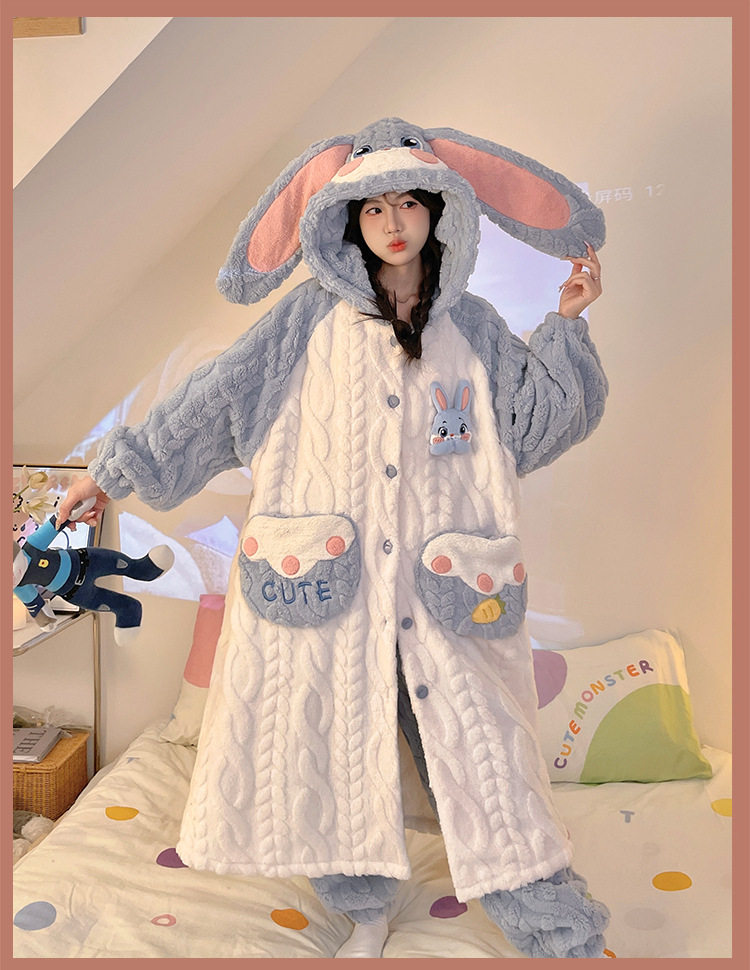 韩版新款睡衣女秋冬季珊瑚绒加厚连帽法兰绒长款睡袍家居服套装