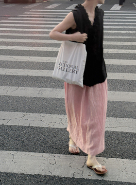 MMCC粉色100%亚麻 自然微皱樱花粉黑茶色花苞裙松紧腰后开叉半裙