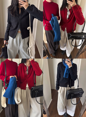 MMCC慵懒风气质百搭高品质圆领长袖绵羊毛针织衫开衫外套女