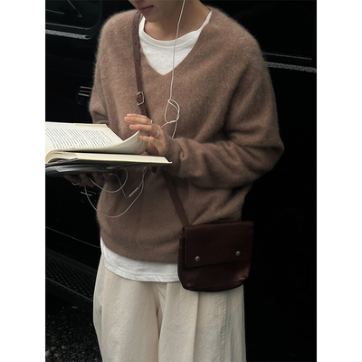 MMCC慵懒风高品质 绵羊毛山羊绒混纺V领套头针织衫毛衫上衣打底衫
