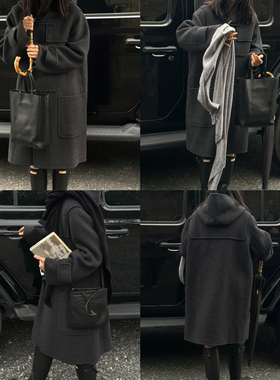 MMCC慵懒风休闲百搭牛角扣大口袋连帽羊驼毛双面呢大衣外套女