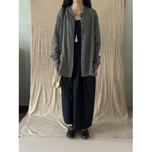 MMCC私服自留 无性别不缩水 雾灰绿洗水亚麻衬衫 暗黑小立领上衣