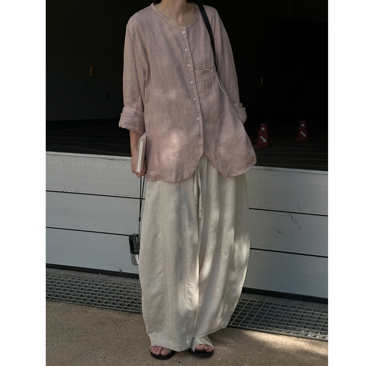 MMCC 水洗亚麻 灰粉设计感小众慵懒风小立领衬衫长袖外套女
