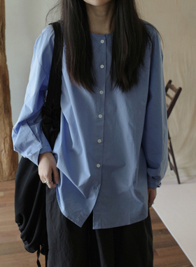 MMCC 提气色蓝衬衫 不缩水四季 仿天丝通勤纯棉圆领宽松显瘦衬衣