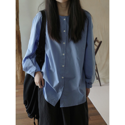 MMCC 提气色蓝衬衫 不缩水四季 仿天丝通勤纯棉圆领宽松显瘦衬衣