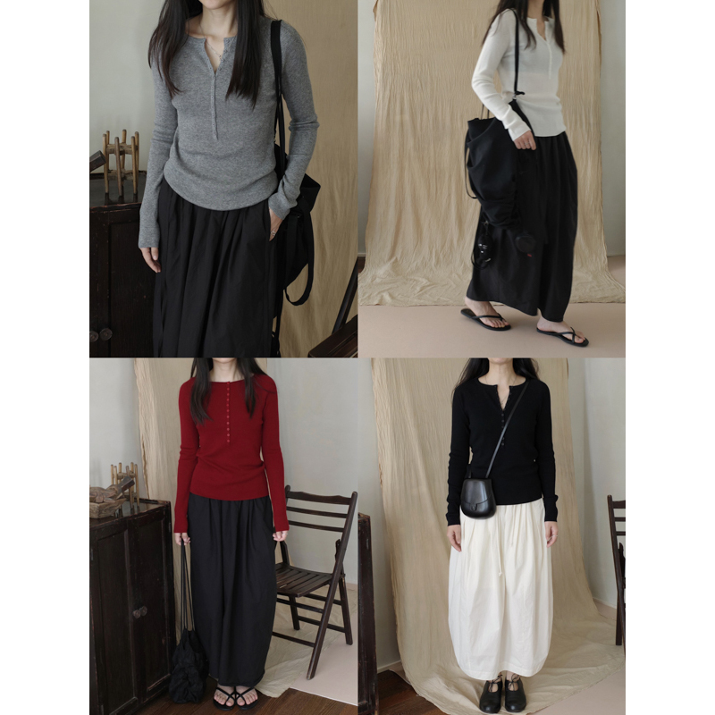 MMCC气质百搭慵懒风基础色多色半开领纽扣长袖圆领针织衫打底衫