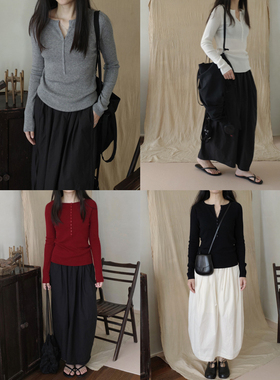 MMCC气质百搭慵懒风基础色多色半开领纽扣长袖圆领针织衫打底衫