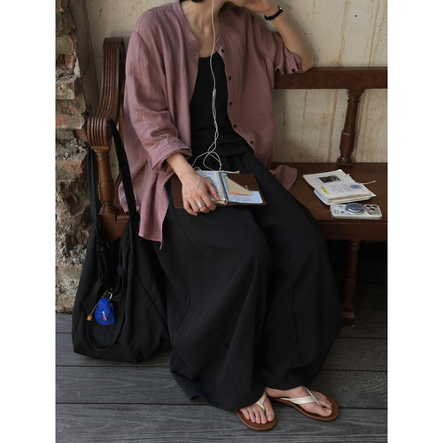 MMCC私服自留 无性别不缩水 胭脂紫 洗水亚麻衬衫 暗黑小立领上衣