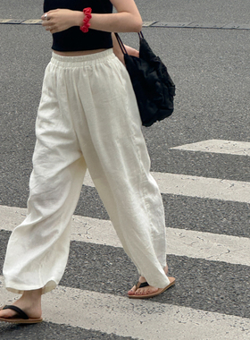 MMCC 100%亚麻 不缩水 奶白 水洗微皱感实用九分裤 加半里