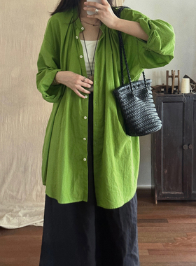 MMCC慵懒风高品质 水洗 纯棉 果绿 显白长袖衬衫侧口袋上衣