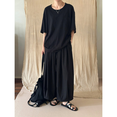 MMCC无性别 黑色山本风阔腿裤设计师立体剪裁神裤 男女同款松紧腰