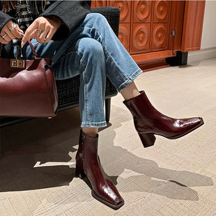 2024年秋冬新款短靴时尚女鞋真皮靴子粗跟高跟小方头脚踝靴