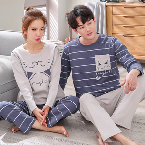 秋冬季情侣长袖睡衣女纯棉薄款卡通男士女款加大码家居服套装韩版
