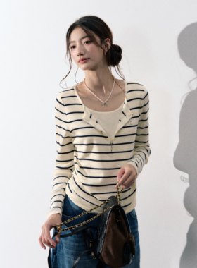 LAFREEDOM韩系简约假两件撞色拼接针织衫女毛衣秋 LAF350903