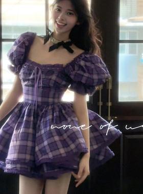 NoneOfUs【Selkie官方授权】紫色学院风格纹印花迷你连衣裙