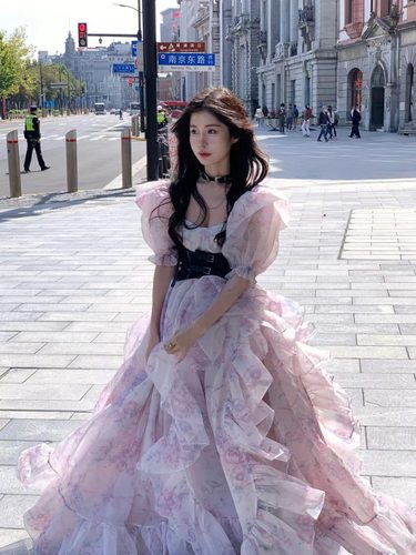 礼服裙大拖尾在逃公主紫罗兰印花