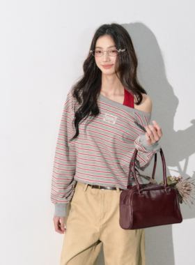 LAFREEDOM官方授权慵懒风斜肩灰色条纹背心卫衣两件套女LAF350822