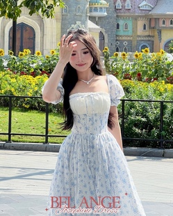 越南设计师品牌Bel 连衣裙长裙女 Ange甜美碎花方领泡泡袖