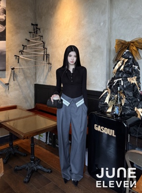 June Eleven黑色POLO领修身毛针织衫灰色高腰垂坠感长裤阔腿裤